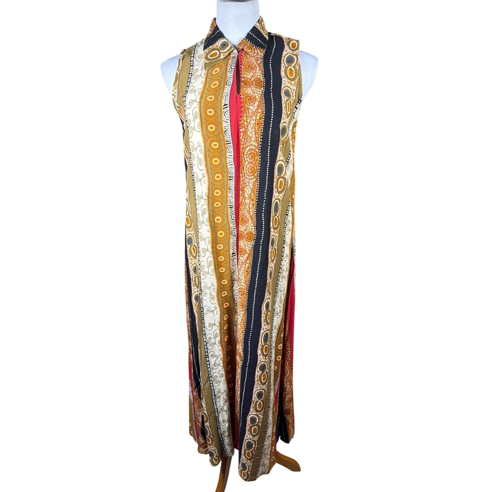 Desert Shores Womens Small Boho Geometric Striped Sleeveless Rayon Maxi Dress